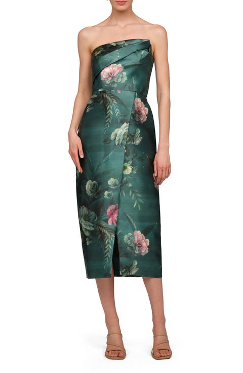 Amelie Floral Strapless Mikado Sheath Cocktail Dress