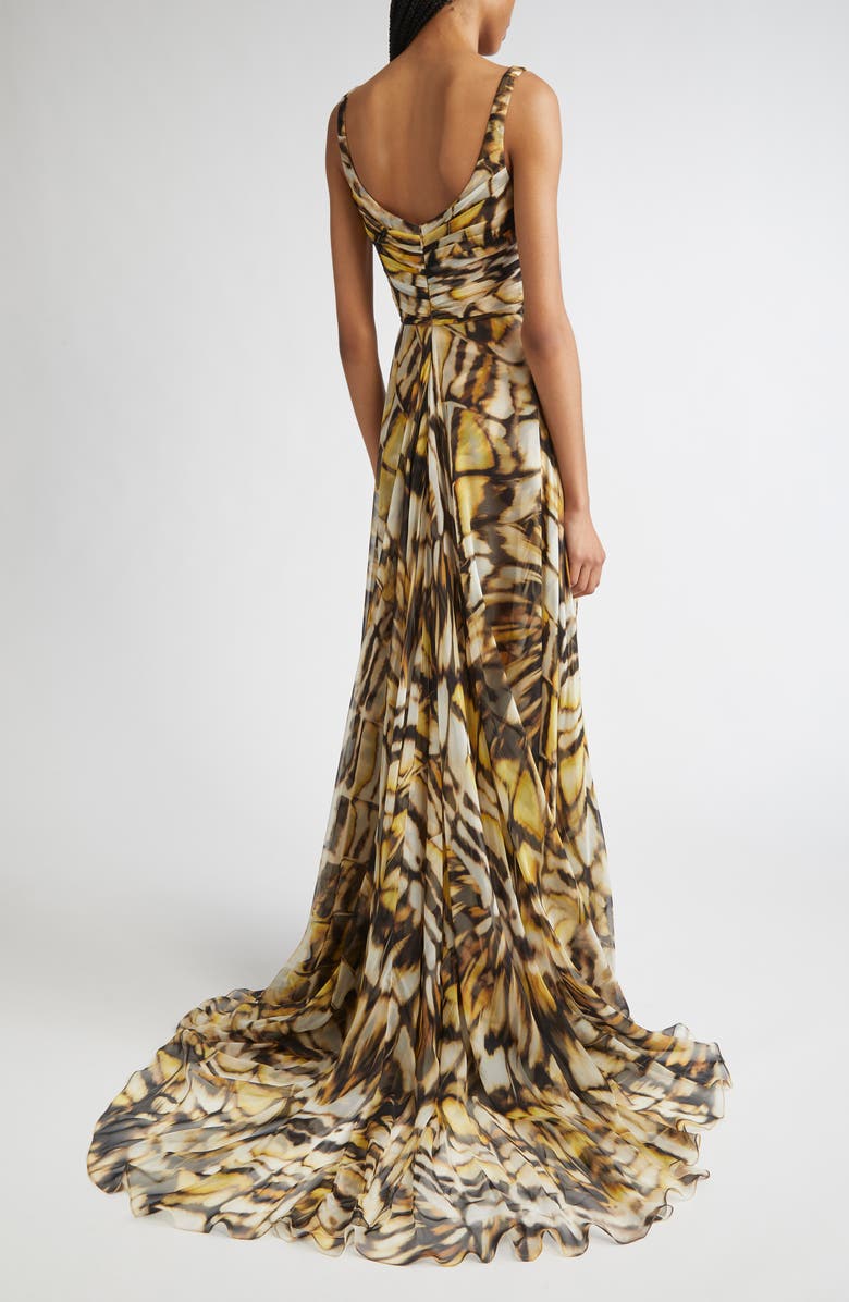 Oscar de la Renta Butterfly Print Draped Silk Chiffon Gown, Alternate, color, Black Multi