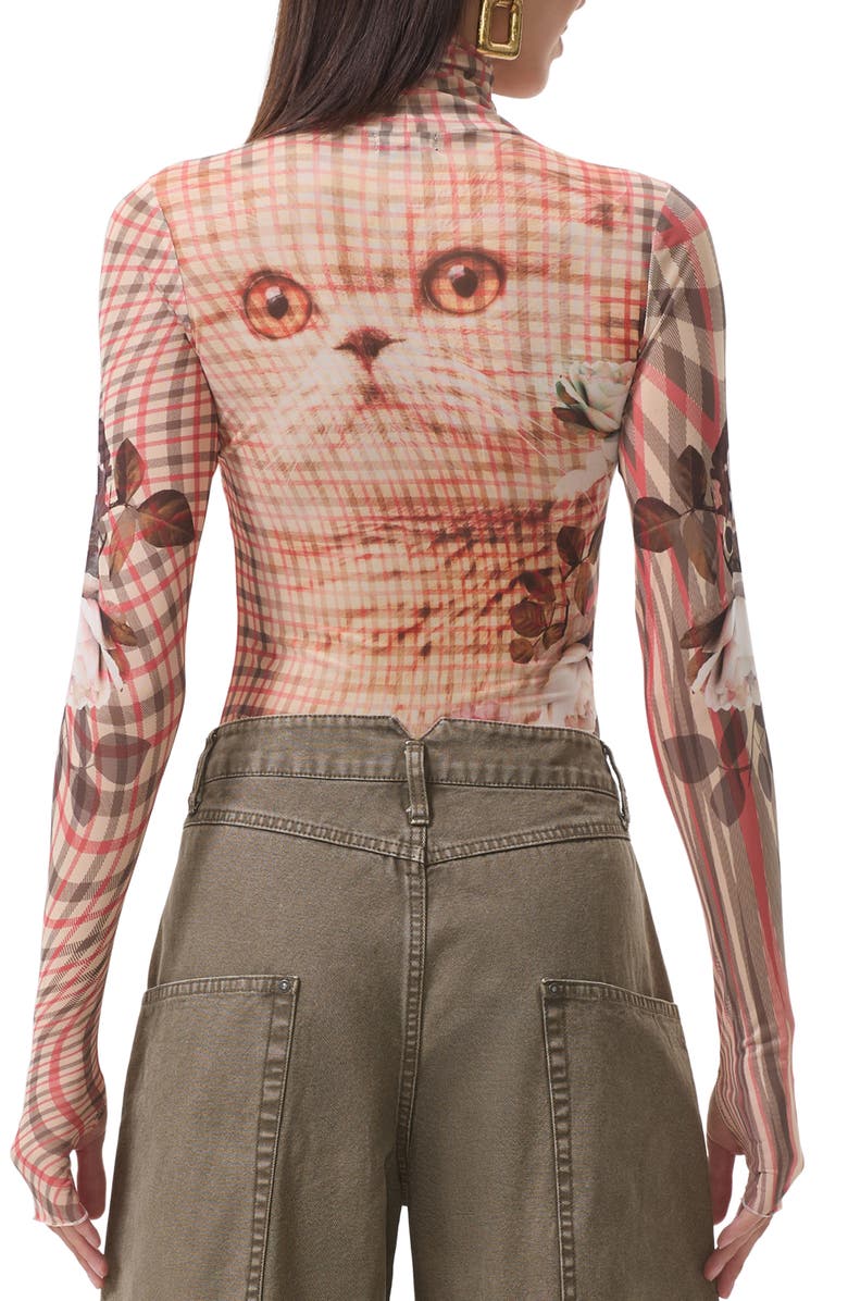 AFRM Zadie Print Turtleneck Mesh Top, Alternate, color, Kitten Plaid
