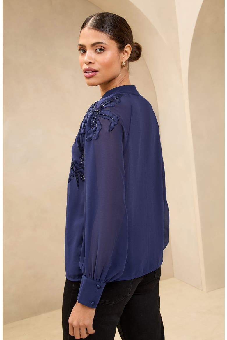 Floral Appliqué Band Collar Button-Up Shirt, Alternate, color, NAVY
