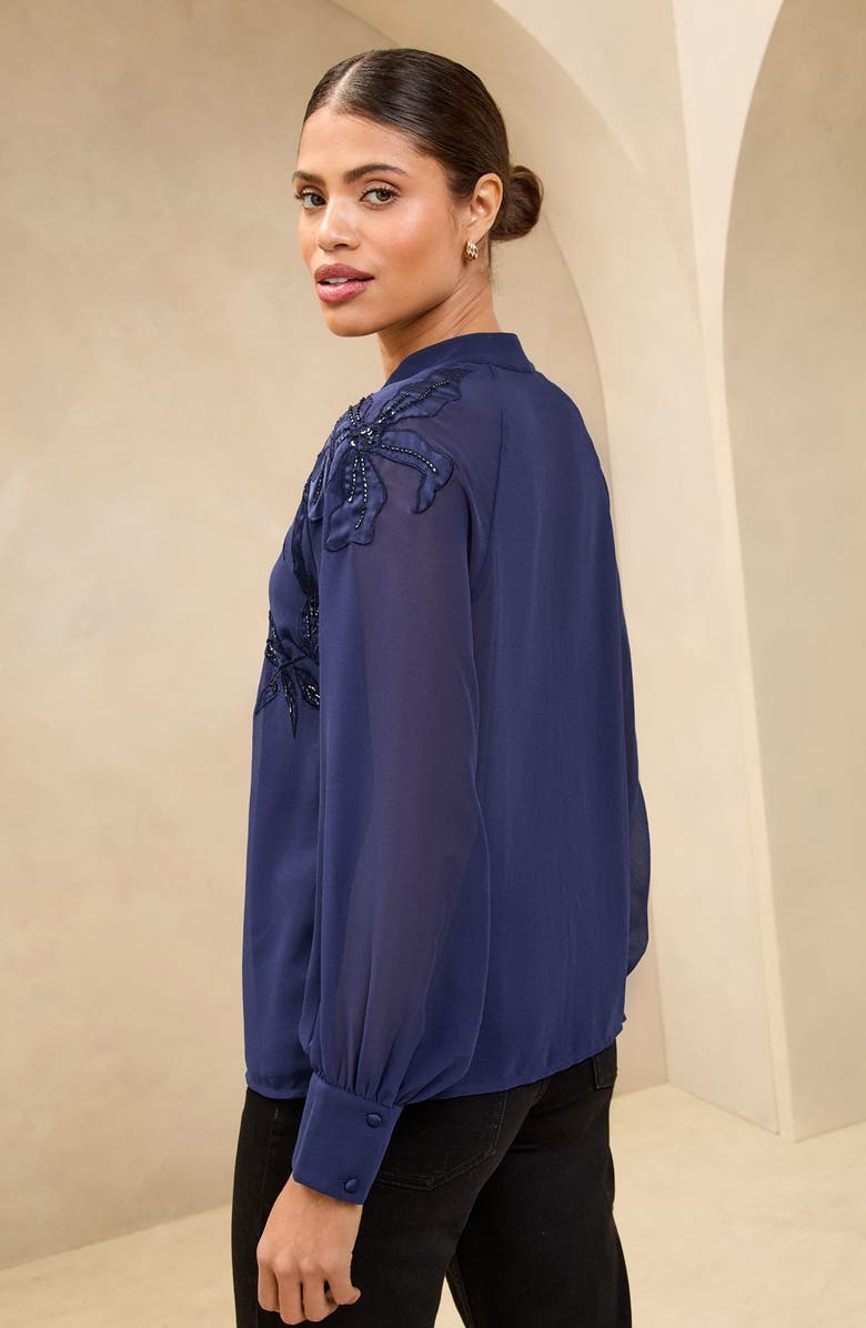 Lipsy Floral Appliqué Band Collar Button-Up Shirt, Alternate, color, Navy