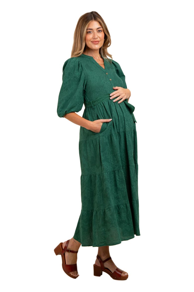 Floral Jacquard Button Front Tiered Dress, Alternate, color, Forest Green