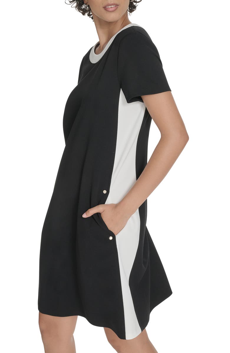 Tommy Hilfiger Colorblock Short Sleeve Pocket Trapeze Dress, Alternate, color, Black/ Ivory