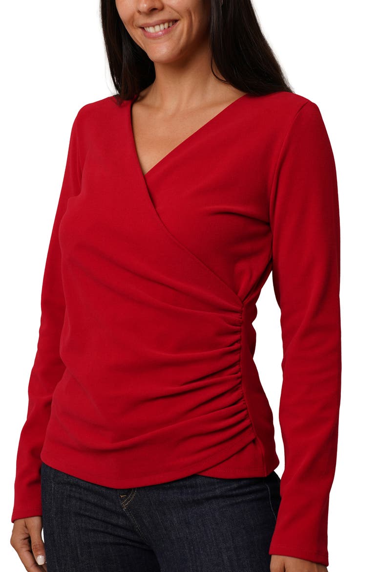 Long Sleeve Faux Wrap Top, Alternate, color, MARS RED