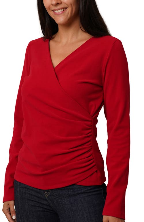 Cyrus Long Sleeve Faux Wrap Top In Red