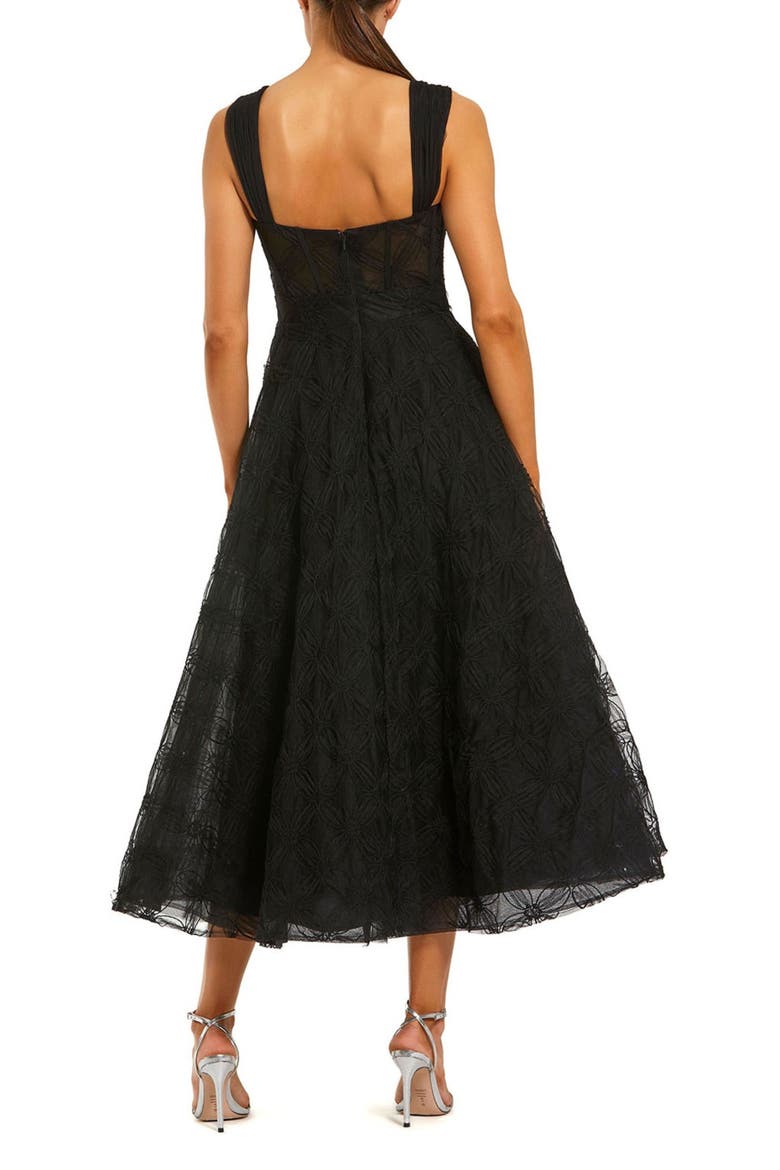 Sleeveless A Line Bustier Floral Tulle Midi Dress, Alternate, color, Black