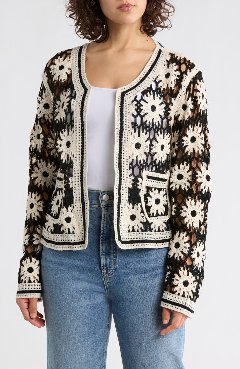 Forgotten Grace Circle Floral Open Knit Cardigan, Main, color, Black/ Natural