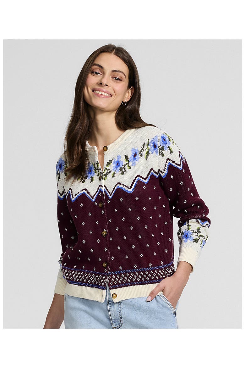 Drifter Cable Cardigan Sweater, Alternate, color, Burgundy Floral Fairisle
