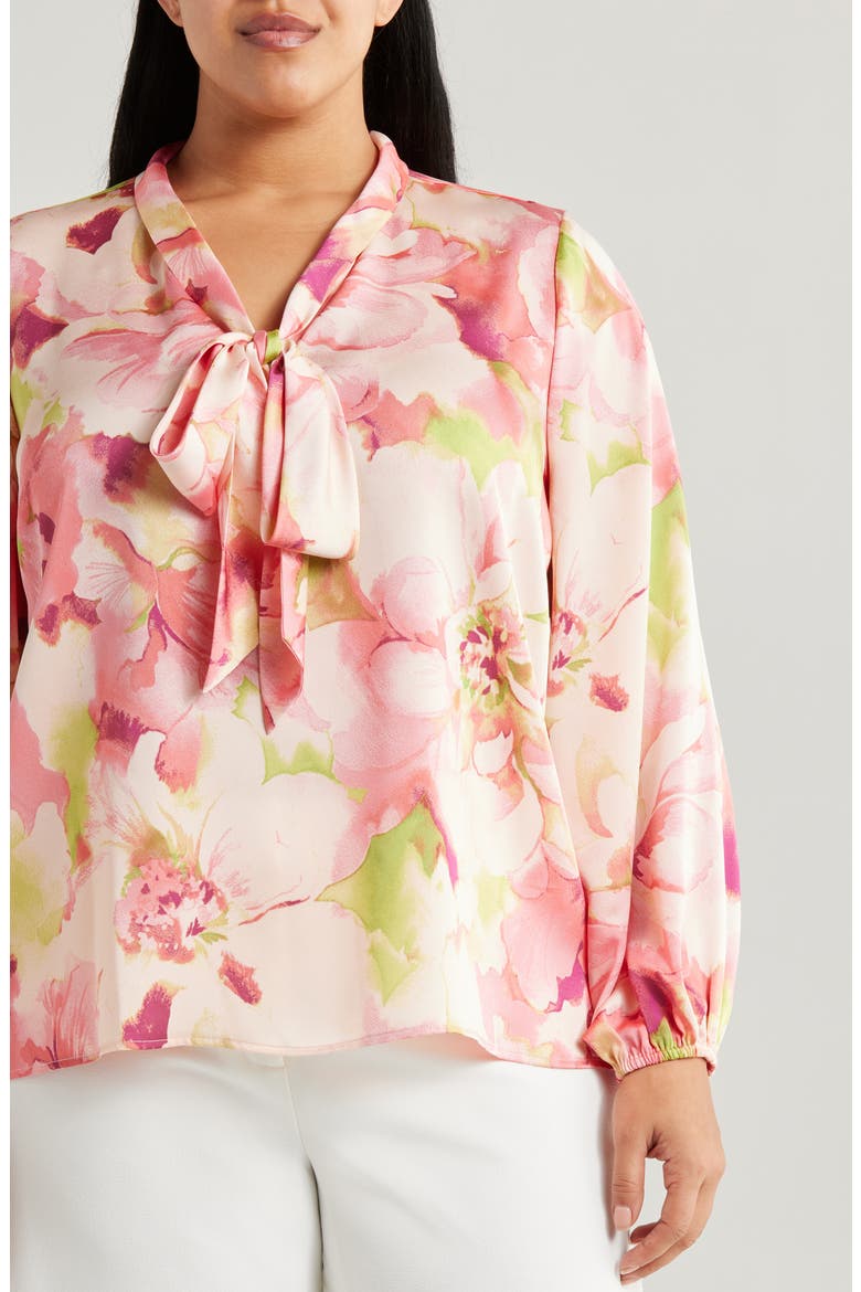 Floral Bow Neck Charmeuse Top, Alternate, color, PEACH WATERCOLOR