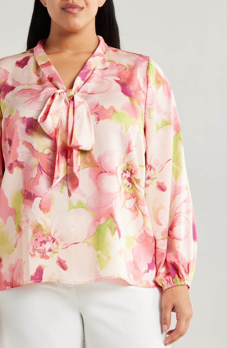 Tahari ASL Floral Bow Neck Charmeuse Top, Alternate, color, Peach Watercolor