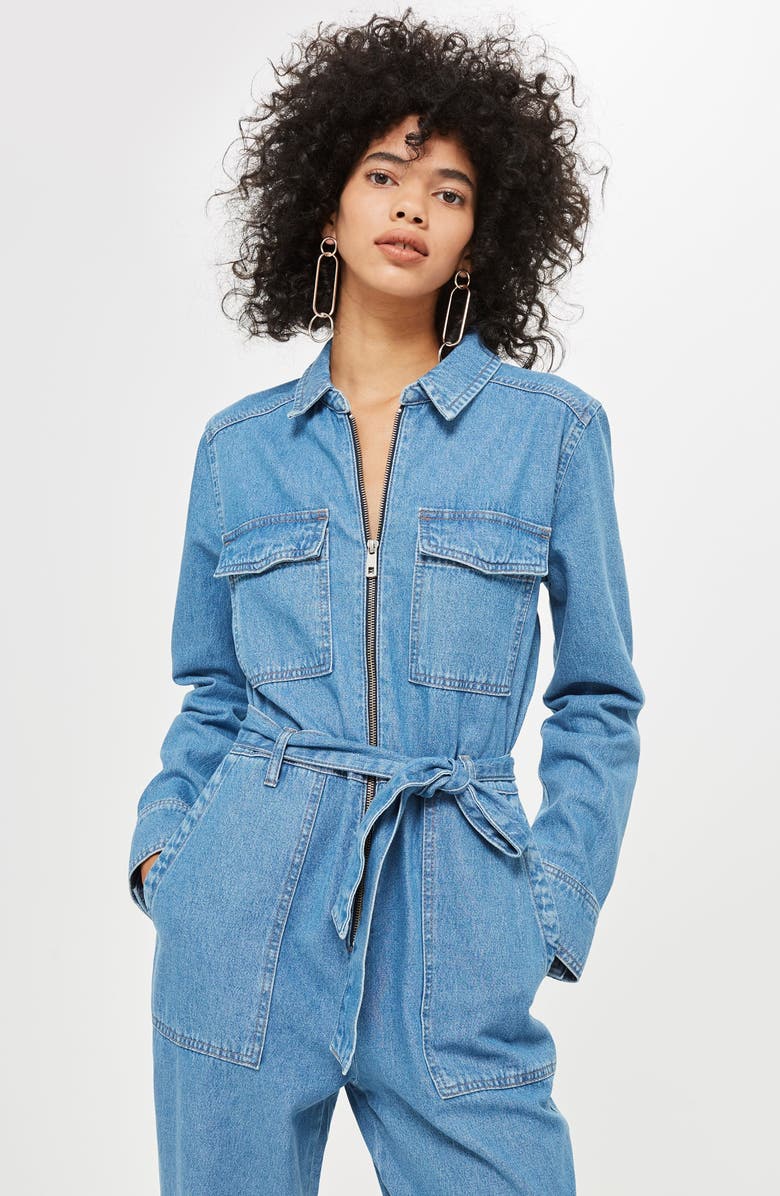 Topshop Utility Denim Jumpsuit, Alternate, color, 
