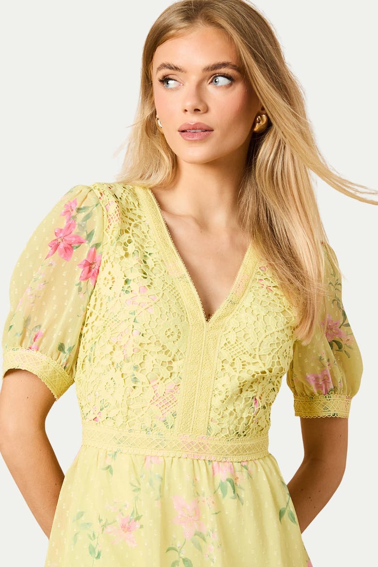 Lace Bodice Tiered Midi Dress, Alternate, color, Chartreuse