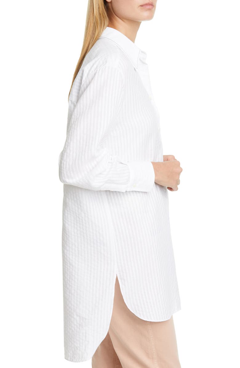 Brunello Cucinelli Seersucker Stripe High/Low Cotton Shirt, Alternate, color,