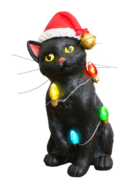 Festive Black Cat With Led Lights Figurine