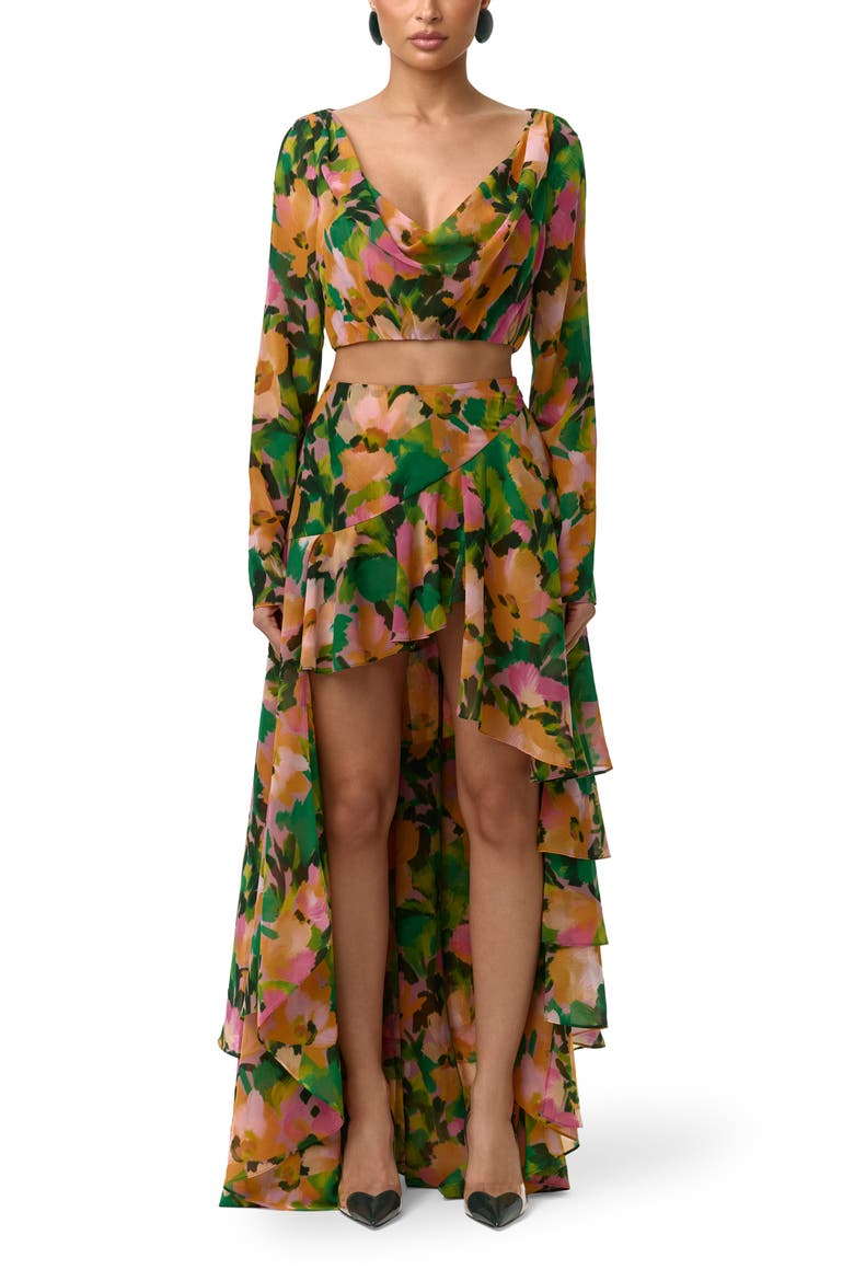 Asymmetric Ruffle Chiffon High-Low Skirt, Alternate, color, SECRET GARDEN