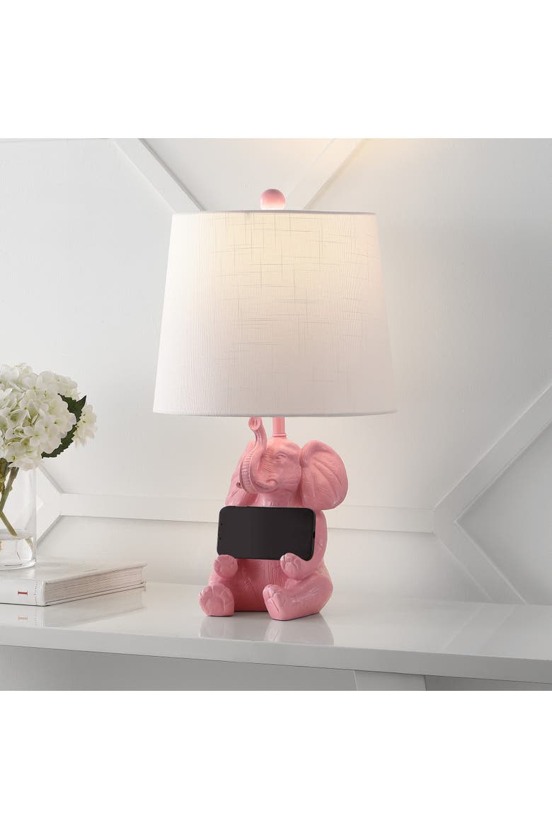 Kairi Modern Shabby Chic Resin/Iron Happy Elephant LED Kids' Table Lamp with Phone Stand, Alternate, color, Pink