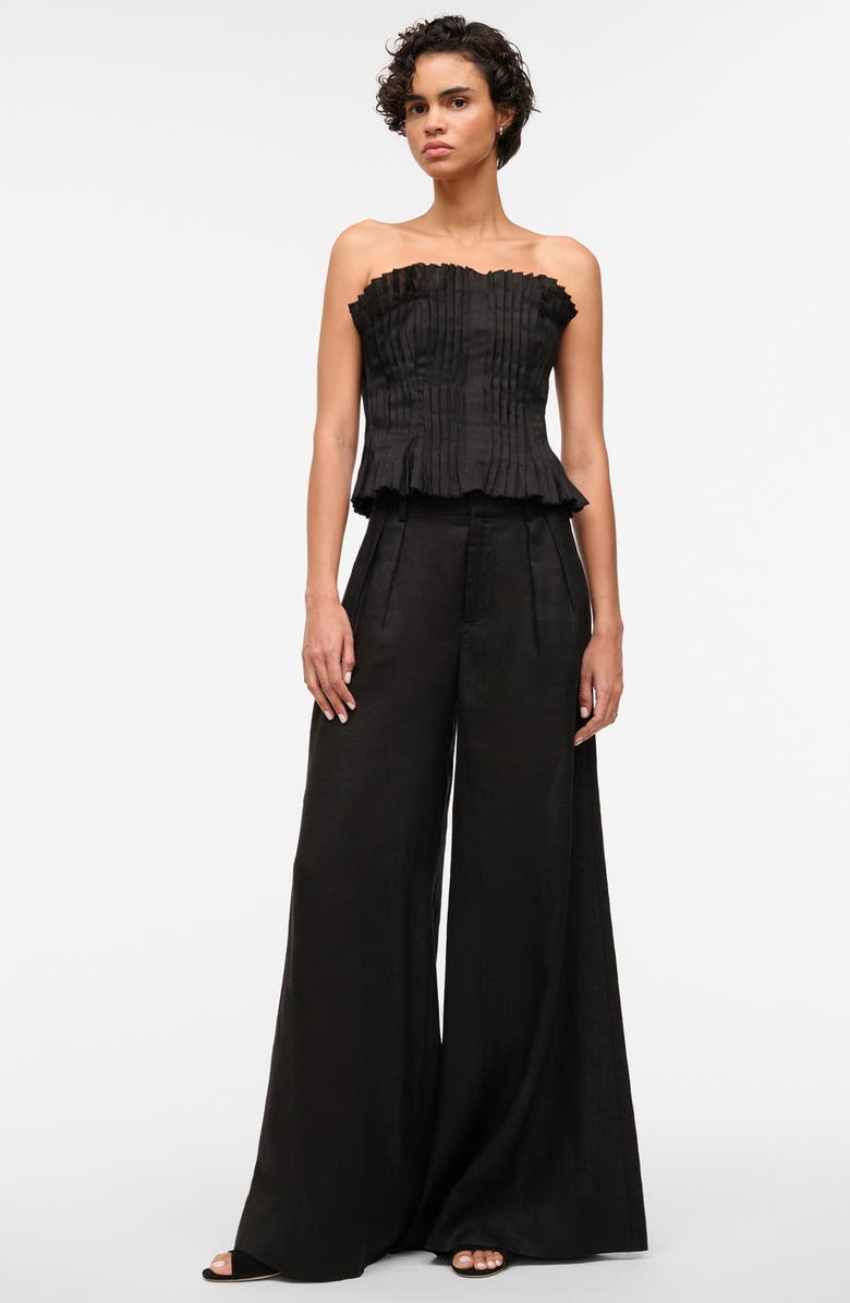 STAUD Parma Pleated Strapless Linen Top, Alternate, color, Black