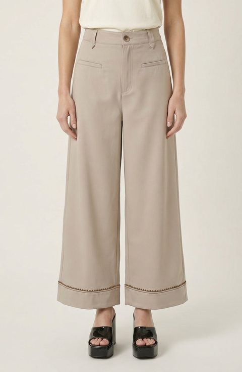 High Waist Wide Leg Pants with Embroidered Hem and Patch Pockets
