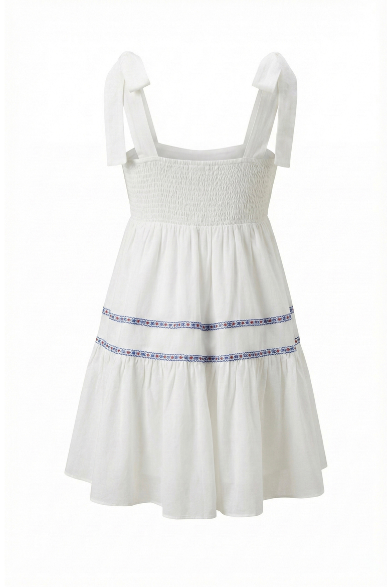 Sleeveless Tiered Mini Dress with Bow Tie Shoulder Straps and Smocked Empire Waist, Alternate, color, Ivory