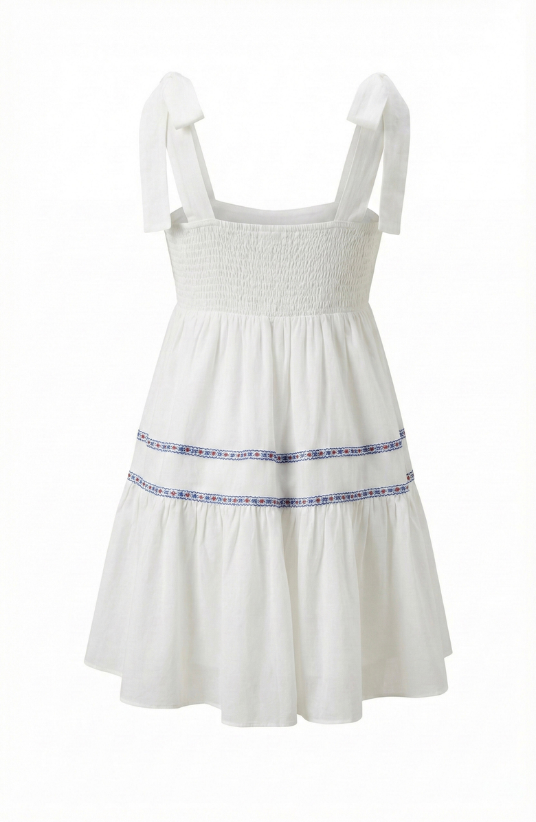 Modenaire Sleeveless Tiered Mini Dress with Bow Tie Shoulder Straps and Smocked Empire Waist, Alternate, color, White / Blue / Red