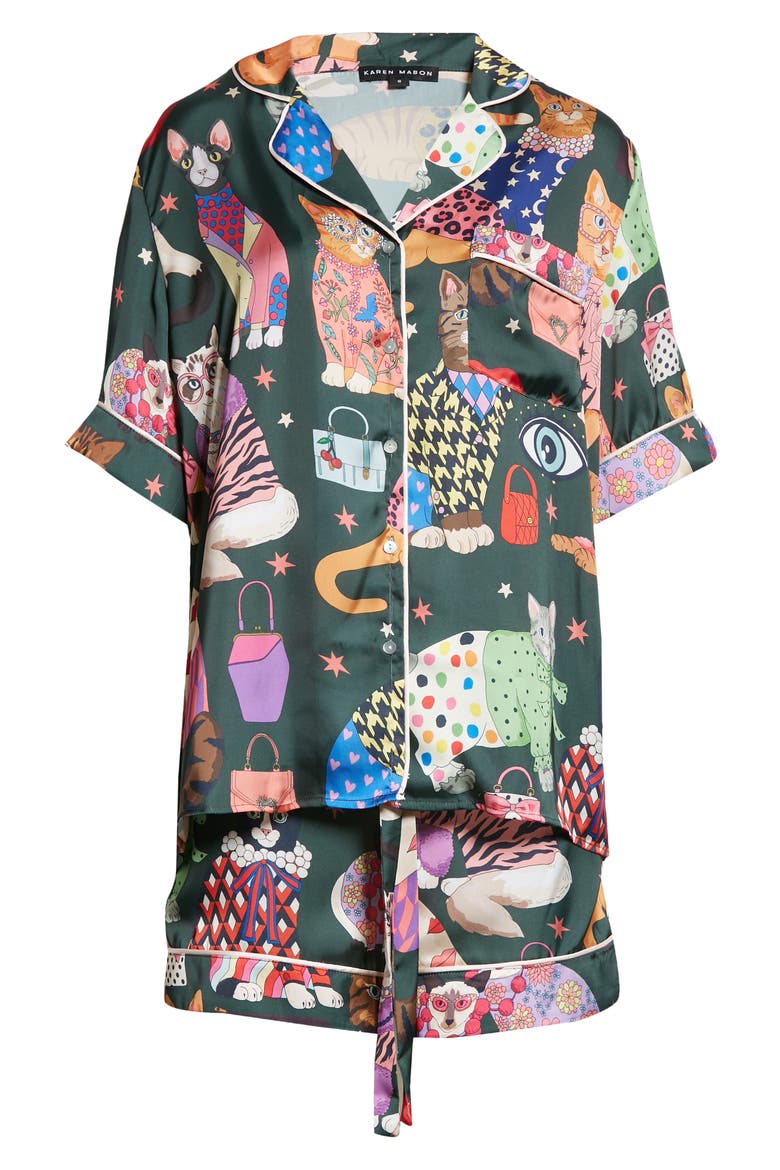 Fashion Cats Short Pajamas, Main, color, GREEN