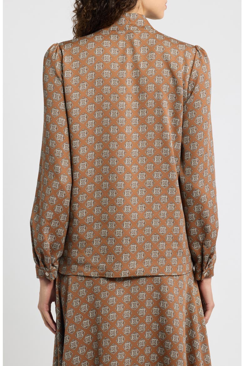 Tie Neck Long Sleeve Top, Alternate, color, BURNT BROWN TIE PRINT