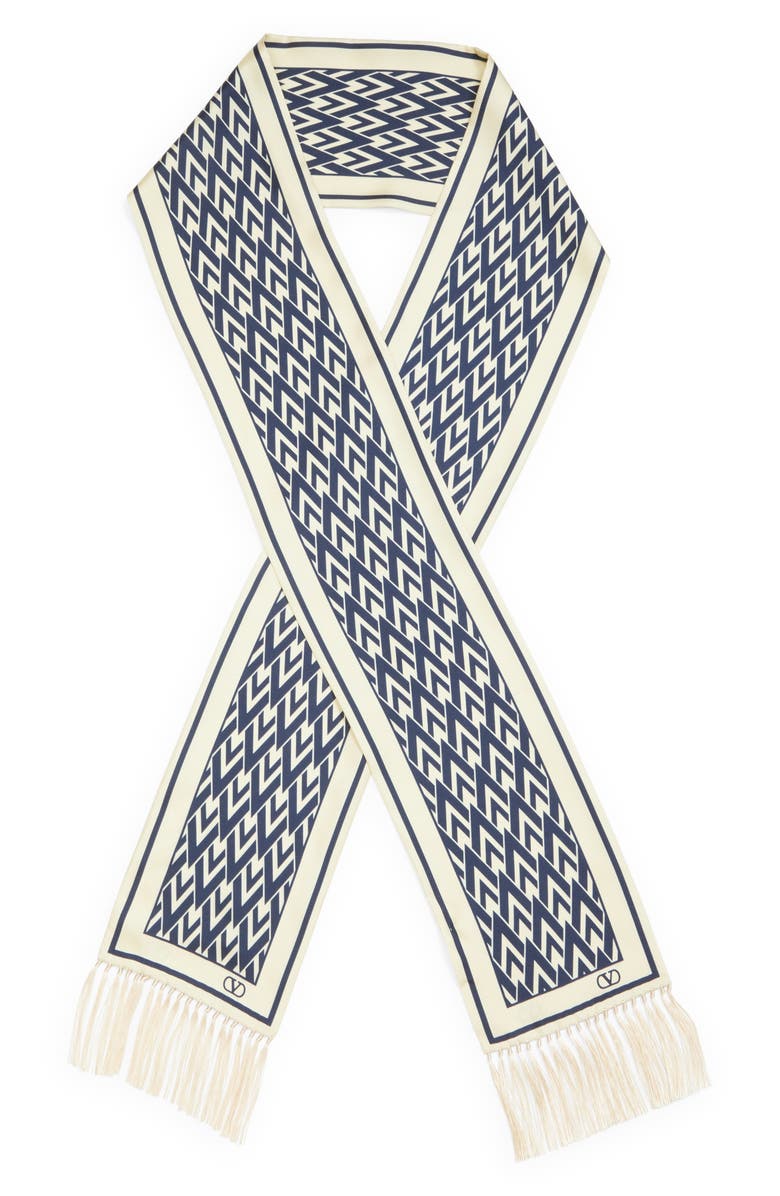 Valentino Garavani Silk Skinny Scarf, Main, color, Navy/ Cream