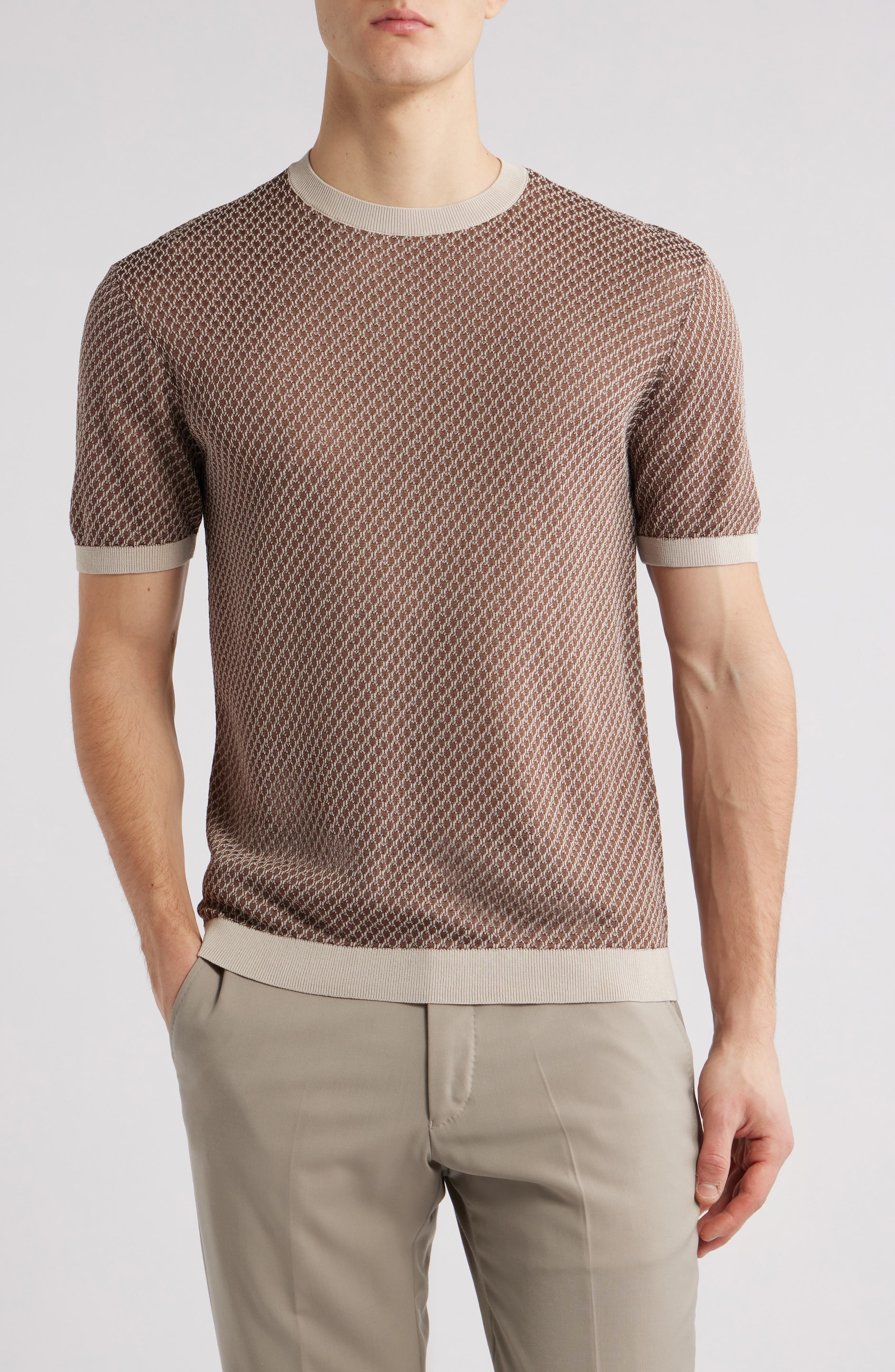 Emporio Armani Short Sleeve Micro Jacquard Cotton & Viscose Crewneck Sweater