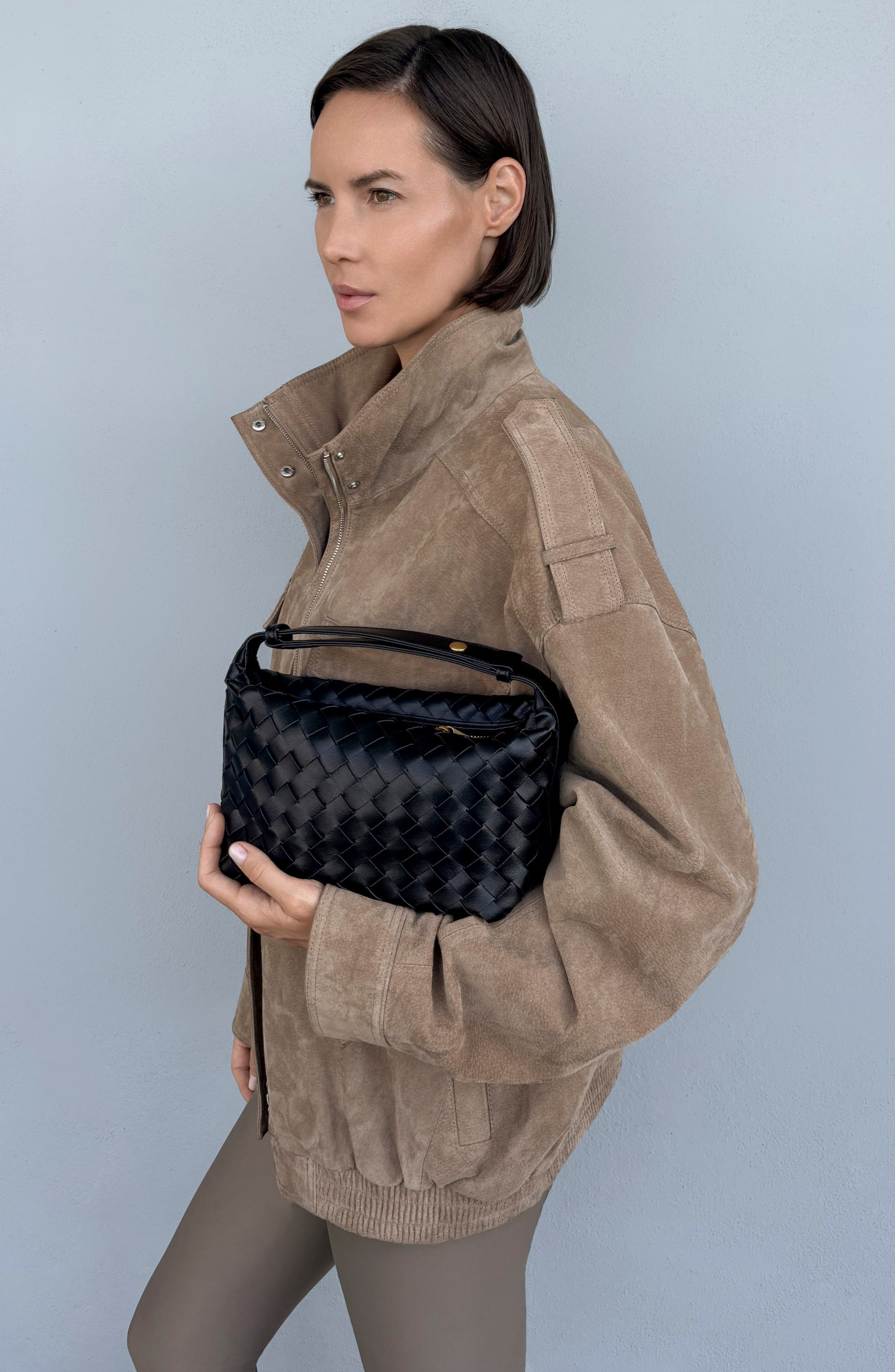 Woven Faux Leather Crescent Bag, Alternate, color, BLACK
