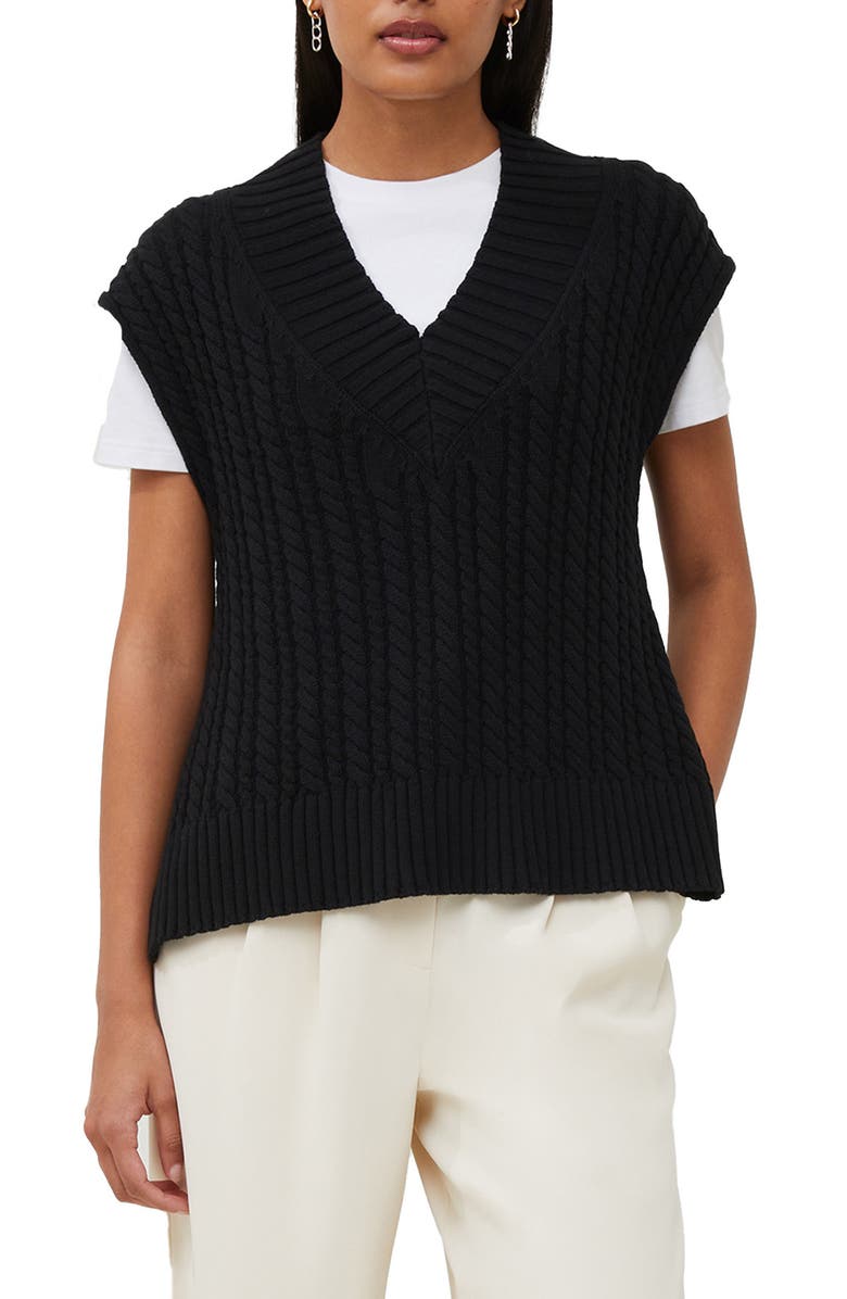 French Connection Mozart Cable Stitch Cap Sleeve V-Neck Sweater, Main, color, 