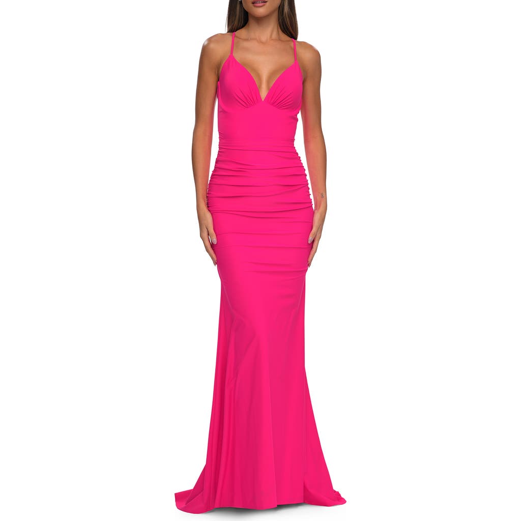 La Femme Simple Jersey Dress With Low Open Back And Ruched Zipper