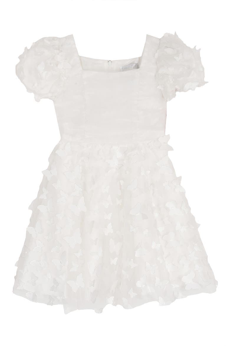 Kids' Ruched Bodice 3D Butterfly Party Dress, Main, color, WHITE