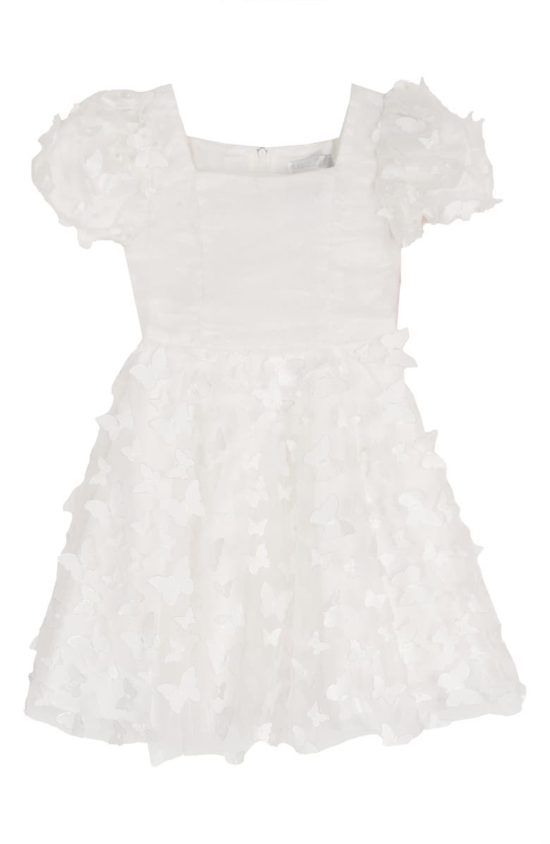 Rare Editions Kids' Ruched Bodice 3D Butterfly Party Dress, Main, color, White