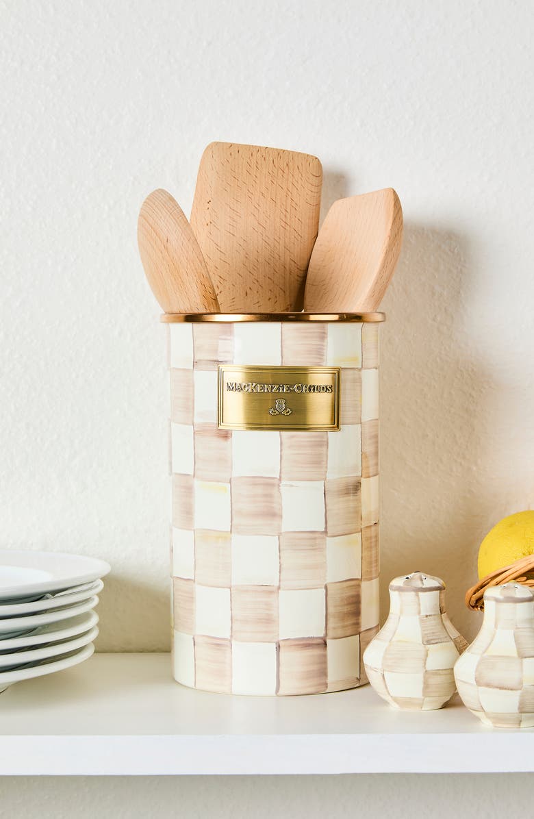 MACKENZIE CHILDS Mocha Check Enameled Steel Utensil Holder, Alternate, color, Mocha