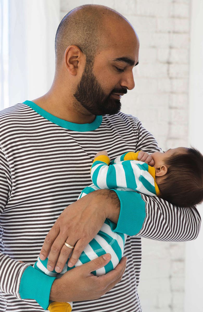 Mightly 100% Organic Cotton Stripe Snug Fit Baby Pajamas, Alternate, color, Teal Stripe