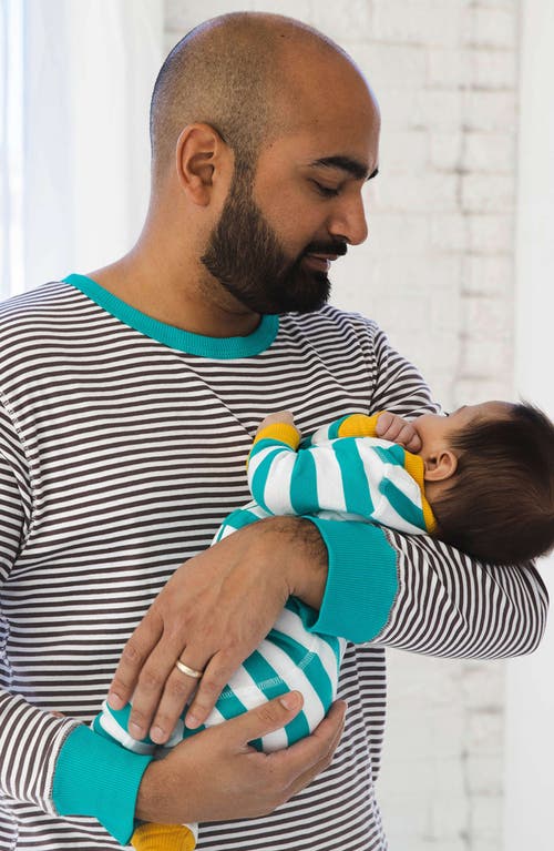 Mightly 100% Organic Cotton Stripe Snug Fit Baby Pajamas In Teal Stripe
