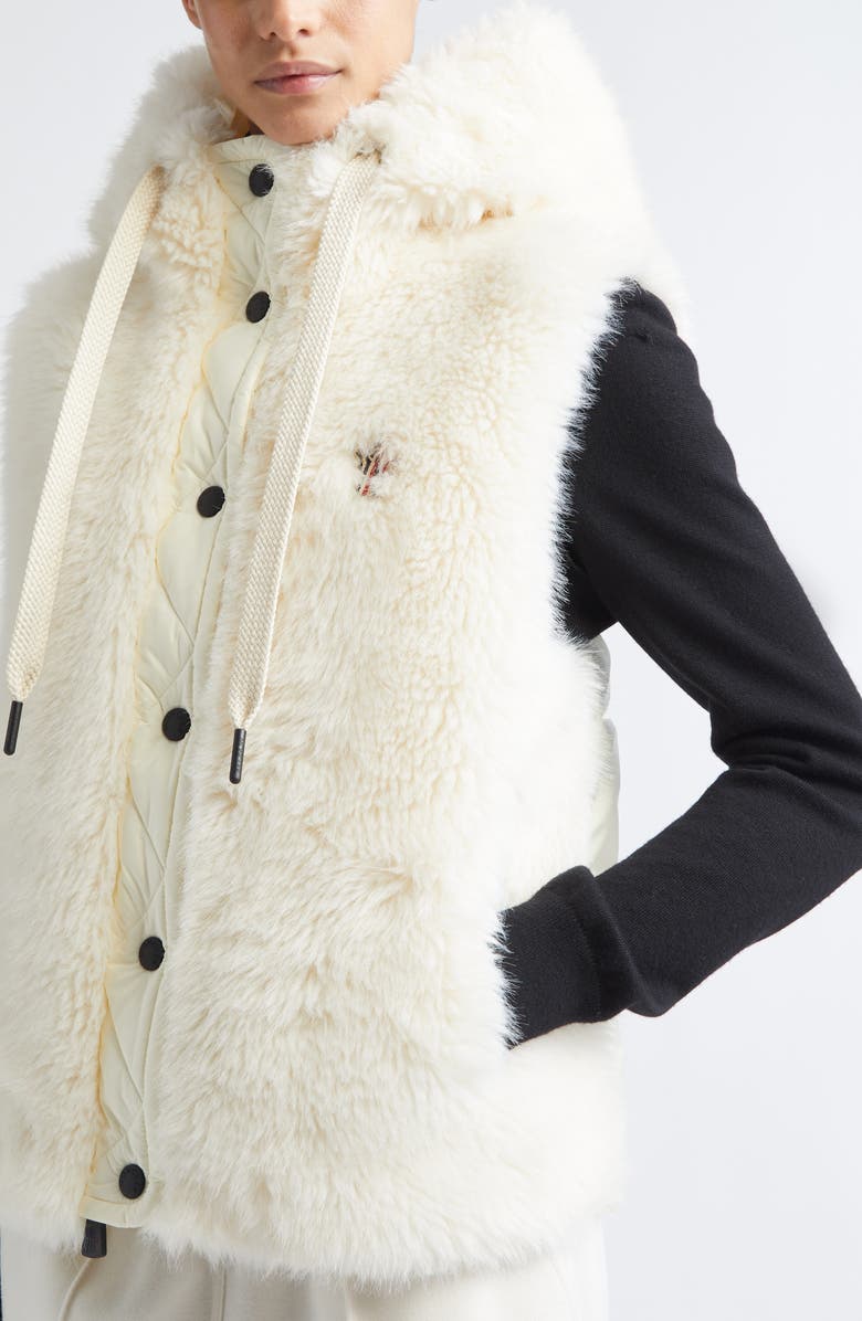Moncler Grenoble Arve Faux Fur & Nylon Hooded Vest, Alternate, color, White
