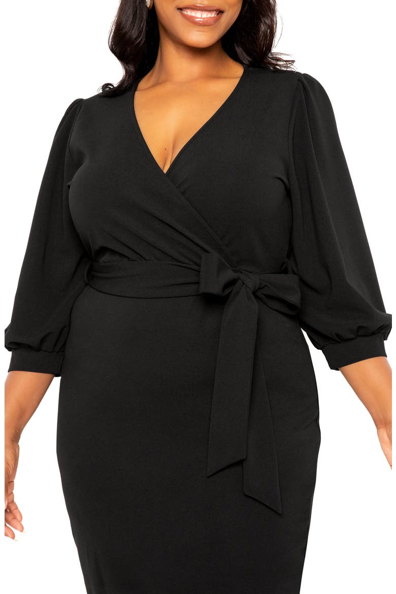 Faux Wrap Midi Dress, Alternate, color, BLACK
