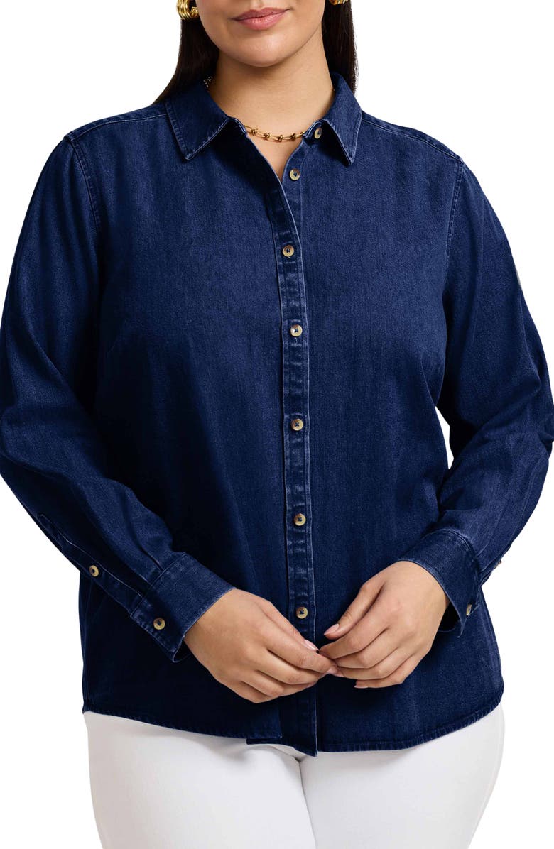 Foxcroft Hampton Denim Shirt, Main, color, Dark Wash