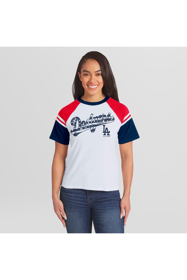 Women's WEAR by Erin Andrews White Los Angeles Dodgers Striped Raglan T-Shirt, Alternate, color, White