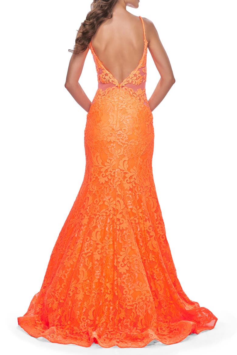 Long Mermaid Lace Dress with Back Rhinestone Detail, Alternate, color, Bright Orange