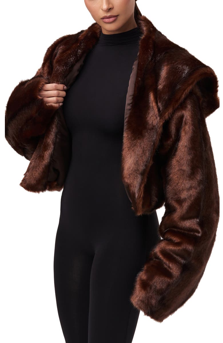 Naked Wardrobe Hooded Faux Fur Crop Jacket, Alternate, color, Chocolate
