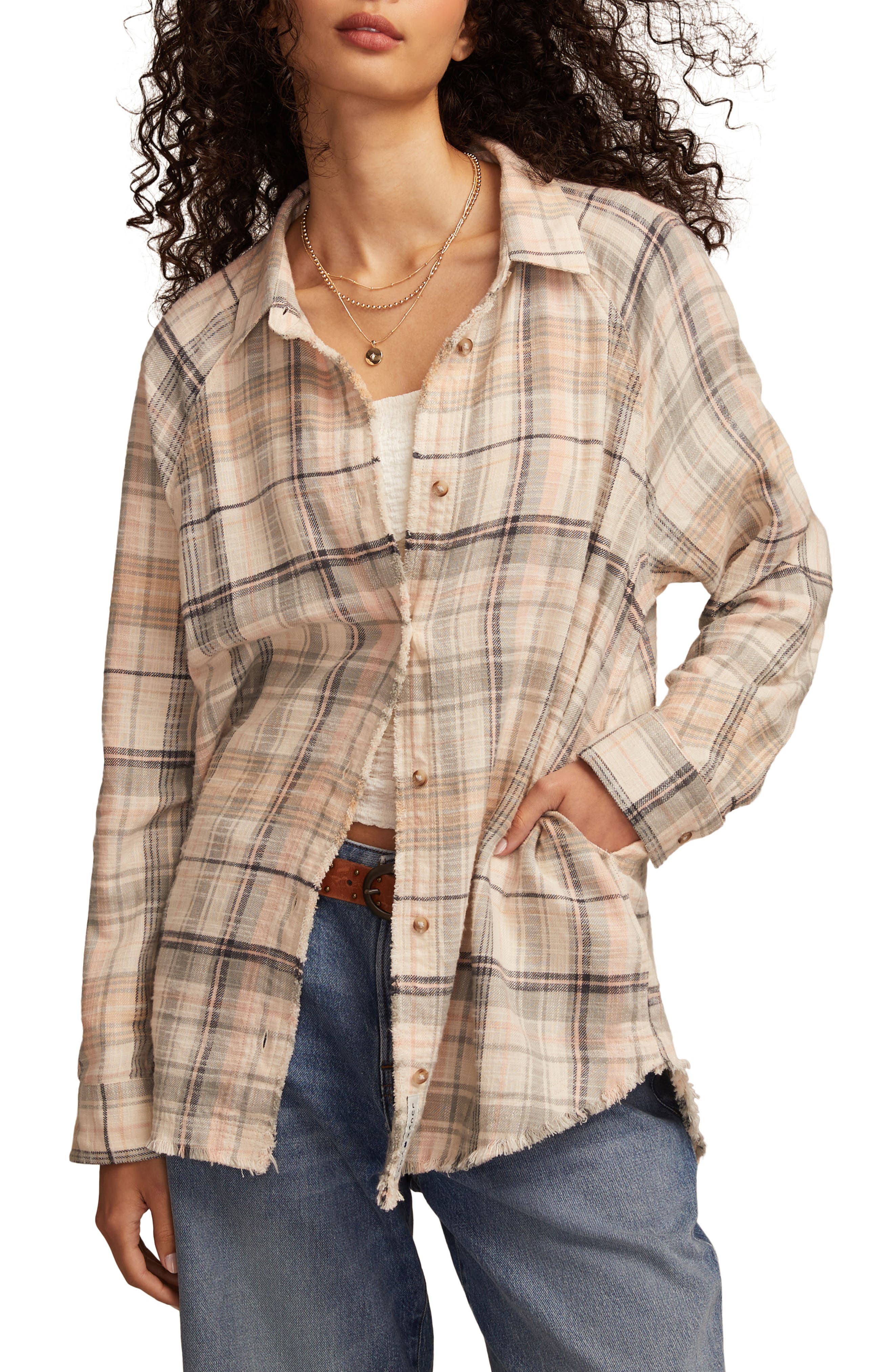 Lucky Brand Frayed Plaid Button-Up Tunic Shirt