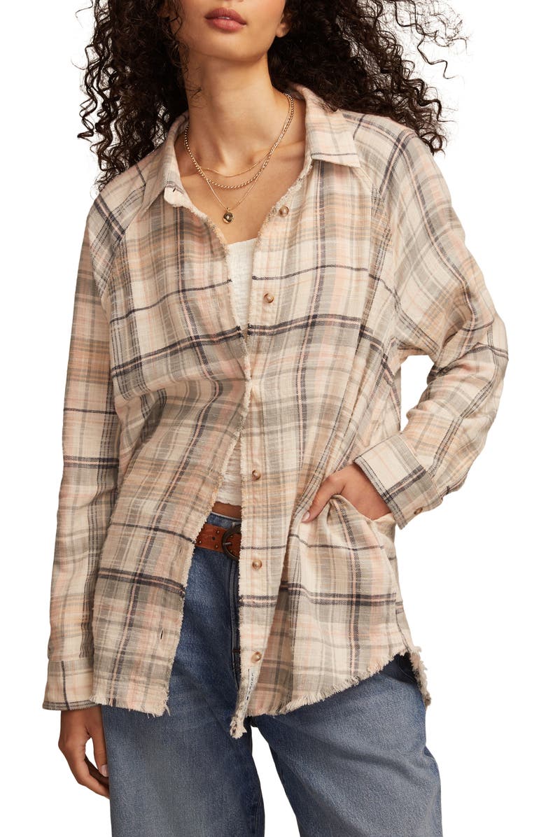 Lucky Brand Frayed Plaid Button-Up Tunic Shirt, Main, color, Cream Plaid