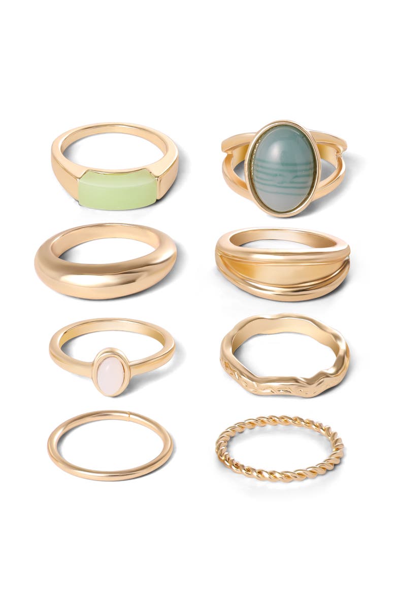 Jessica Simpson Gold-Tone 8-Piece Stacking Ring Set with Green Stone Accents, Size 7, Alternate, color,