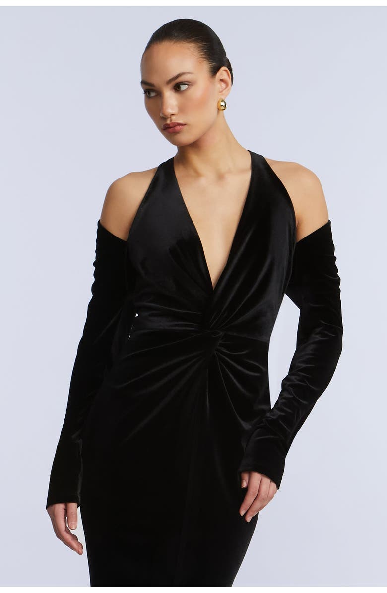 BCBGMAXAZRIA Long Sleeve Halter Velvet Gown, Alternate, color, Black