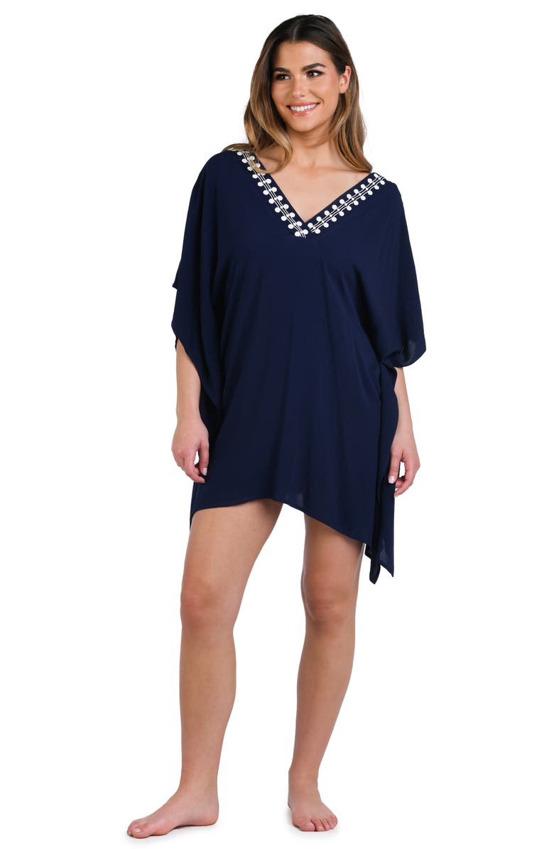 La Blanca Sea Scallops V-Neck Cover-Up Caftan, Alternate, color, Indigo
