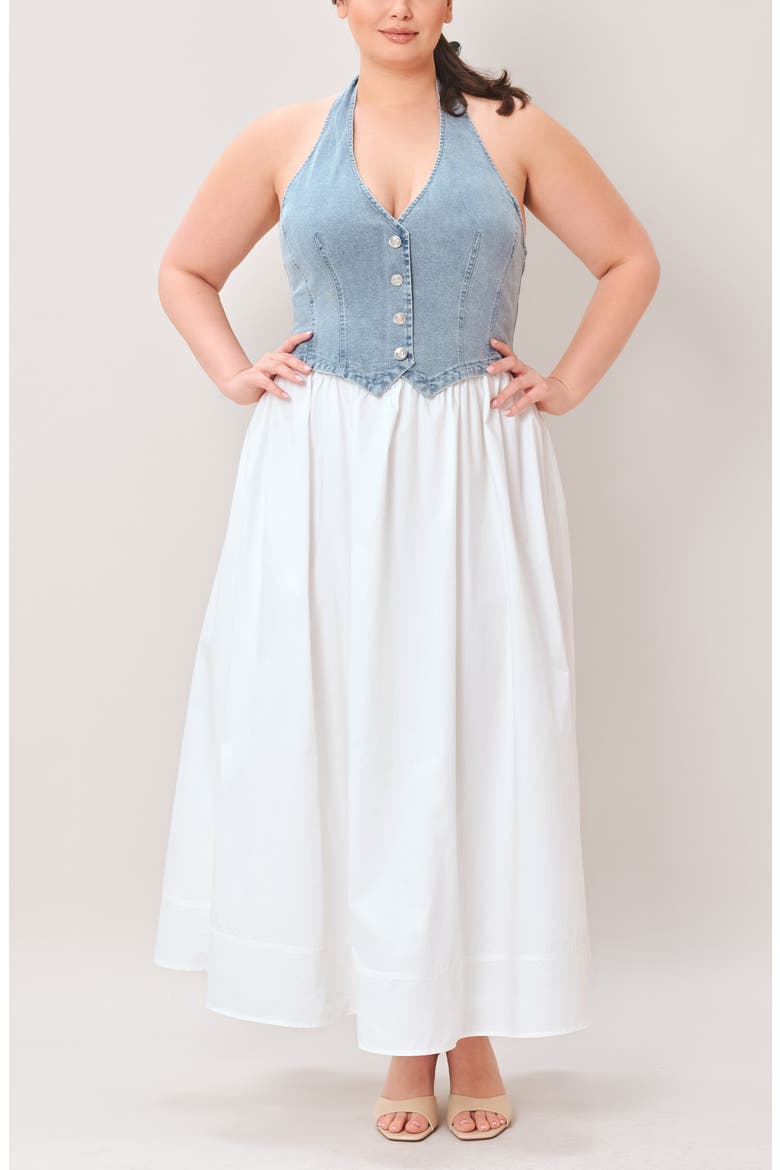 Halter Vest Mixed Media Maxi Dress, Alternate, color, DENIM/ WHITE