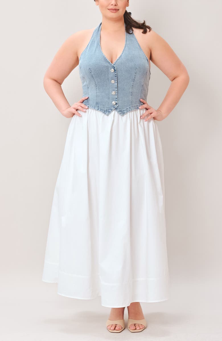 FREEMARKET Halter Vest Mixed Media Maxi Dress, Alternate, color, Denim/ White