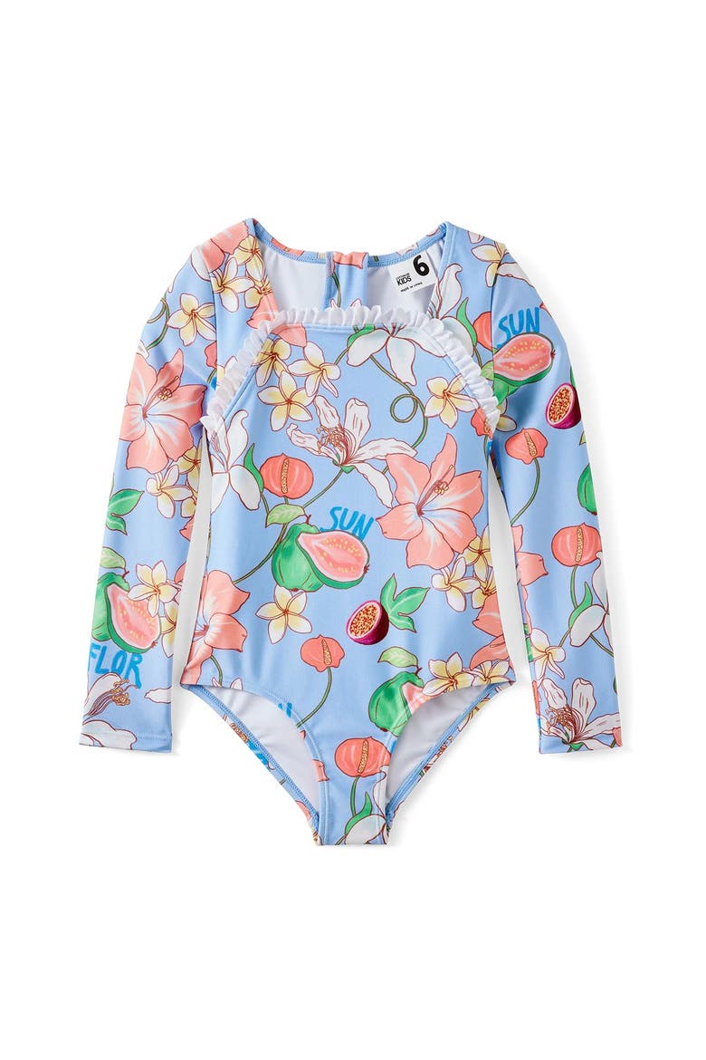 Kid's Lulu Long Sleeve One Piece, Main, color, Dawn Blue Tropical Floral